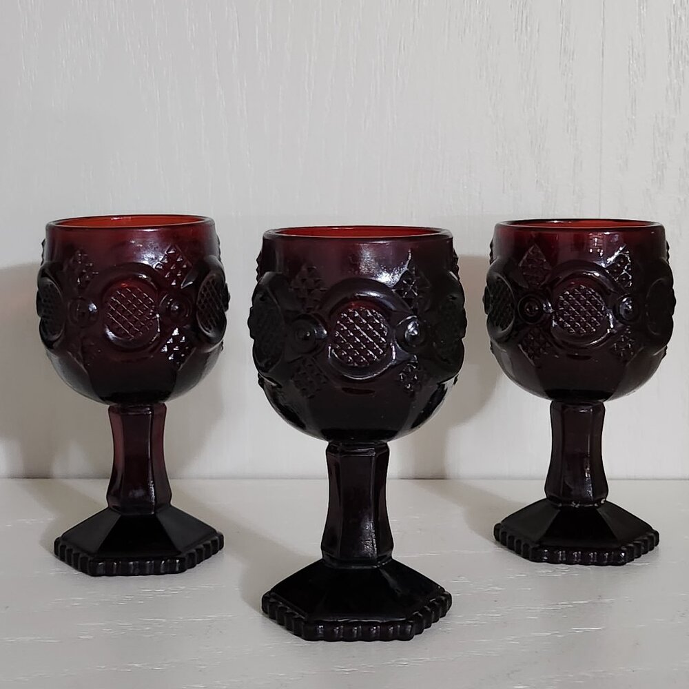 Avon Cape Cod, Ruby Red Set of Three Wine Glasses/ Holiday Votive Candle Holders